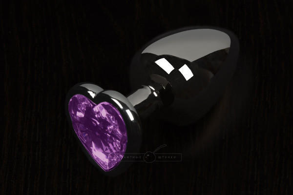 Анальная пробка большая Пикантные Штучки с фиолетовым кристаллом в виде сердечка, графитовая, 8.5 см