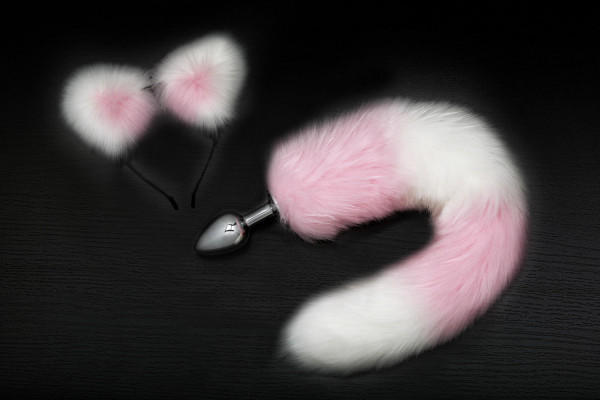 Анальная пробка Пикантные Штучки с бело-розовым хвостом и ушками, серебристая, 7 см